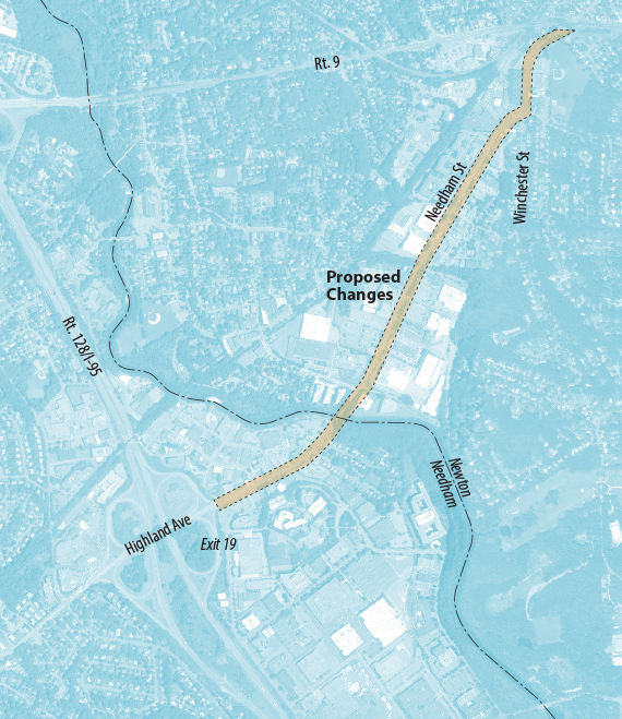 Map showing the location of the Needham Street/Highland Avenue project in Needham and Newton.